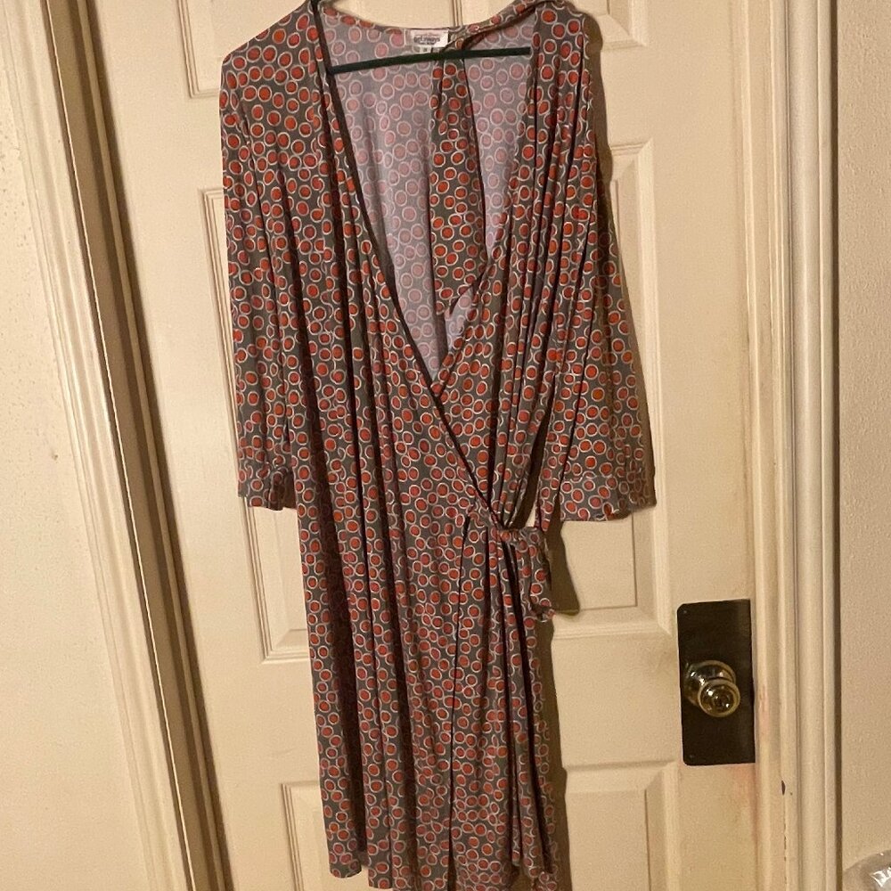 Lands' End "Getaways" size 2X, Gray with Orange Dots, Rap Front with Belt Dress